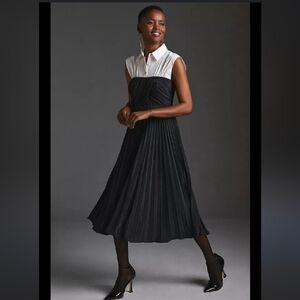 Anthropologie Elegant Black Pleated Twofer Midi Dress